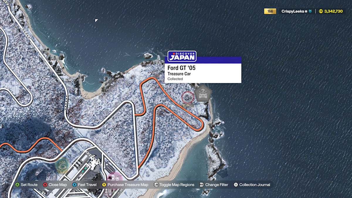 Forza Horizon 6 map pinpointing one of the nine hidden Treasure Cars.