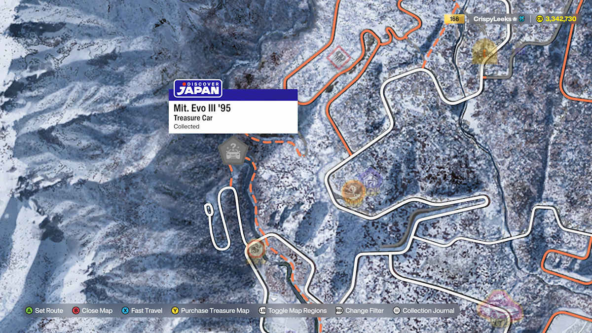 Map view indicating the location of a collectible Treasure Car in Forza Horizon 6.