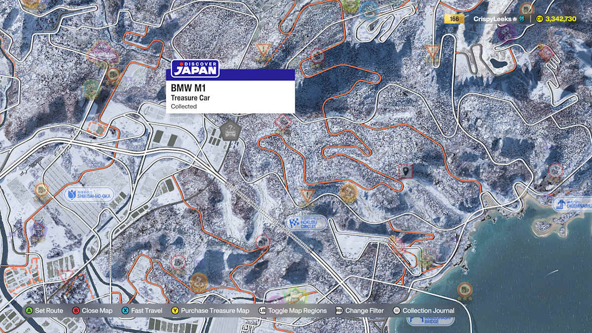 Forza Horizon 6 world map with a Treasure Car location highlighted for players.