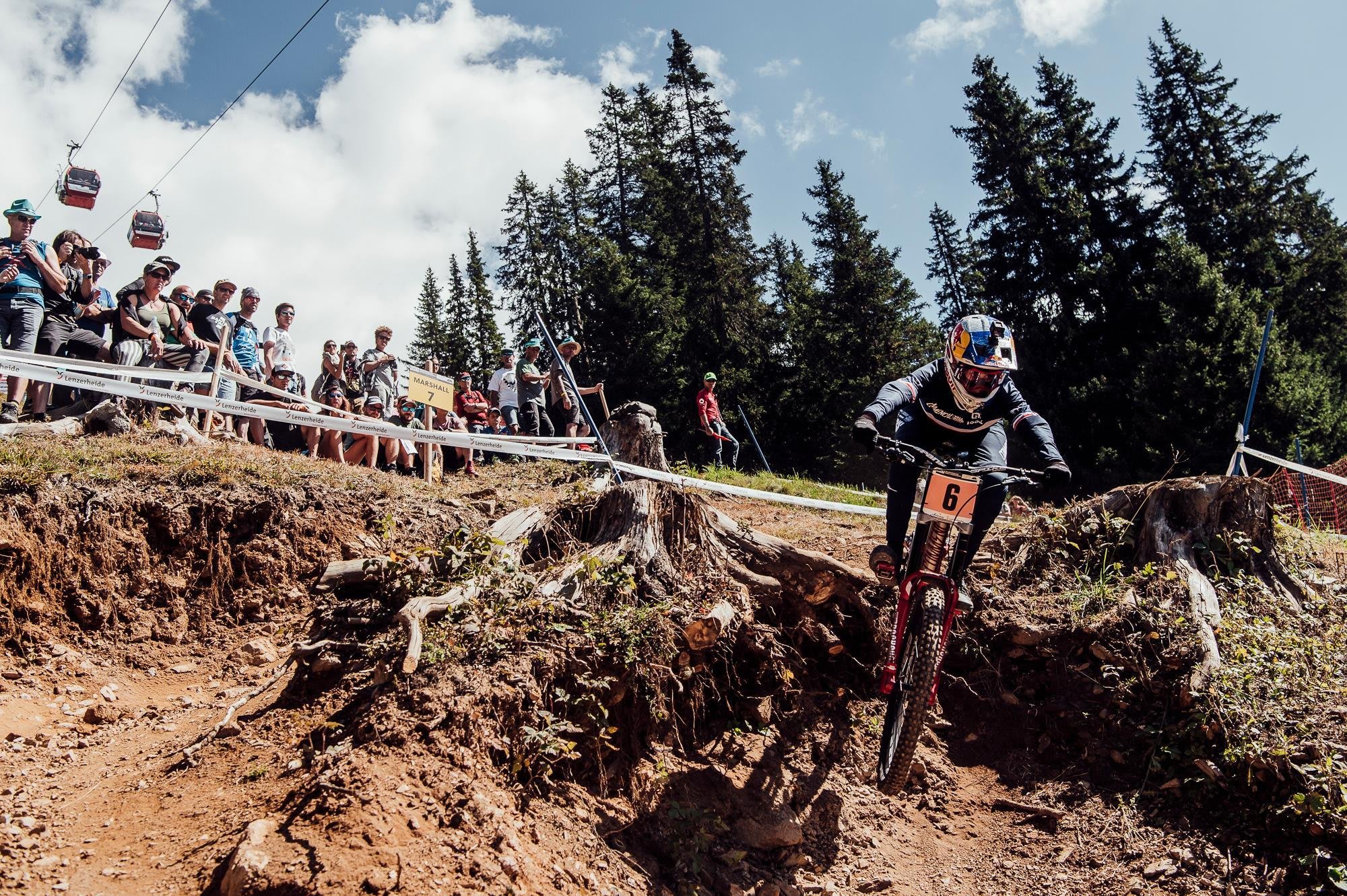 Myriam Nicole rides during the 2018 UCI DH World Championships in Lenzerheide, Switzerland on September 9, 2018.