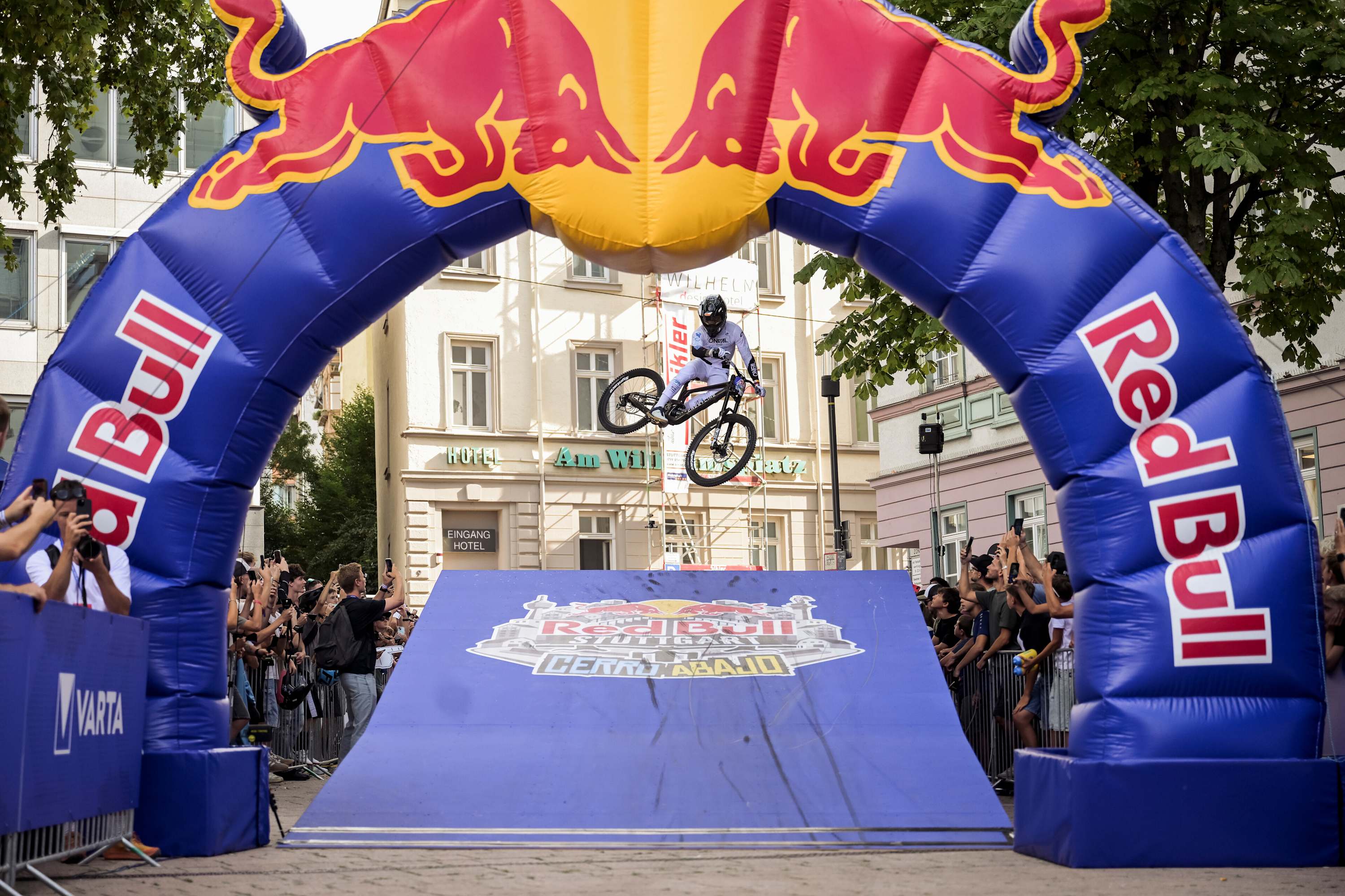 Alex Marin launches over the ramp at Red Bull Stuttgart Cerro Abajo in Stuttgart, Germany, thrilling the crowd during the 2026 urban downhill event