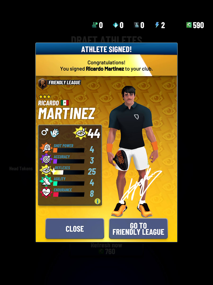 A player selection screen in Red Bull Padel: Court Legends mobile game.